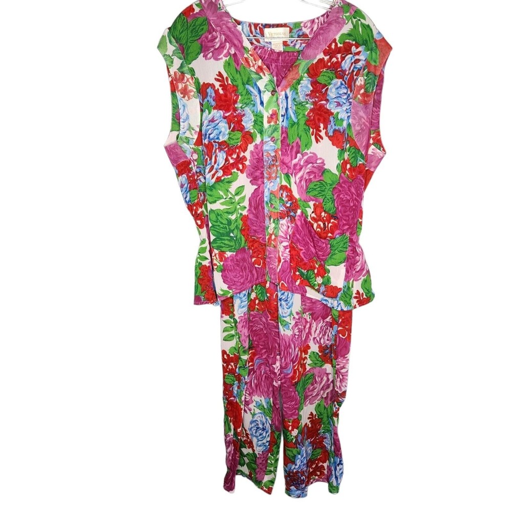 Vintage Victoria's Secret Gold Label Two Piece Pajama Pants Set Floral Sheer